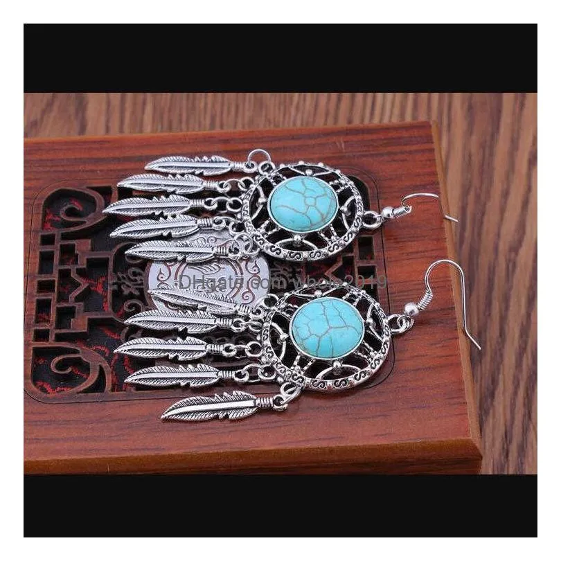 womens hollow leaf tibetan silver turquoise dangle chandelier earrings gstqe010 fashion gift national style women diy earring