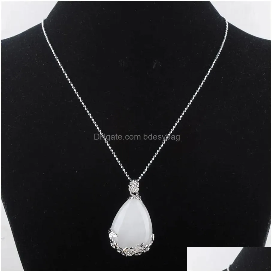 natural gem stone pendant teardrop white crystal love beads reiki chakra healing pendant necklace chain jewelry n3464