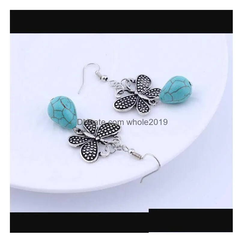 womens butterfly drops tibetan silver turquoise charm earrings gstqe023 fashion gift national style women diy earring