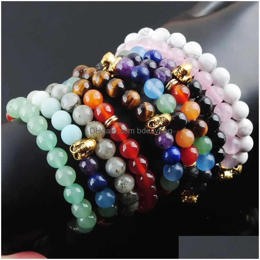 stretch beads strand bracelets charms jewelry natural stone round 8mm amethysts agates ghost head bangle 7 inches bk326