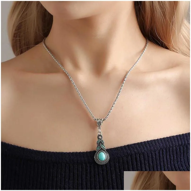 womens hollow drop tibetan silver turquoise earrings necklace set gstqs021 fashion gift national style women diy jewelry sets