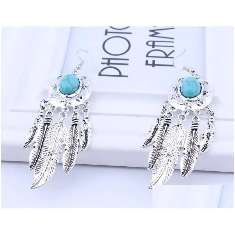 womens feather tassel tibetan silver turquoise charm earrings gstqe038 fashion gift national style women diy earring