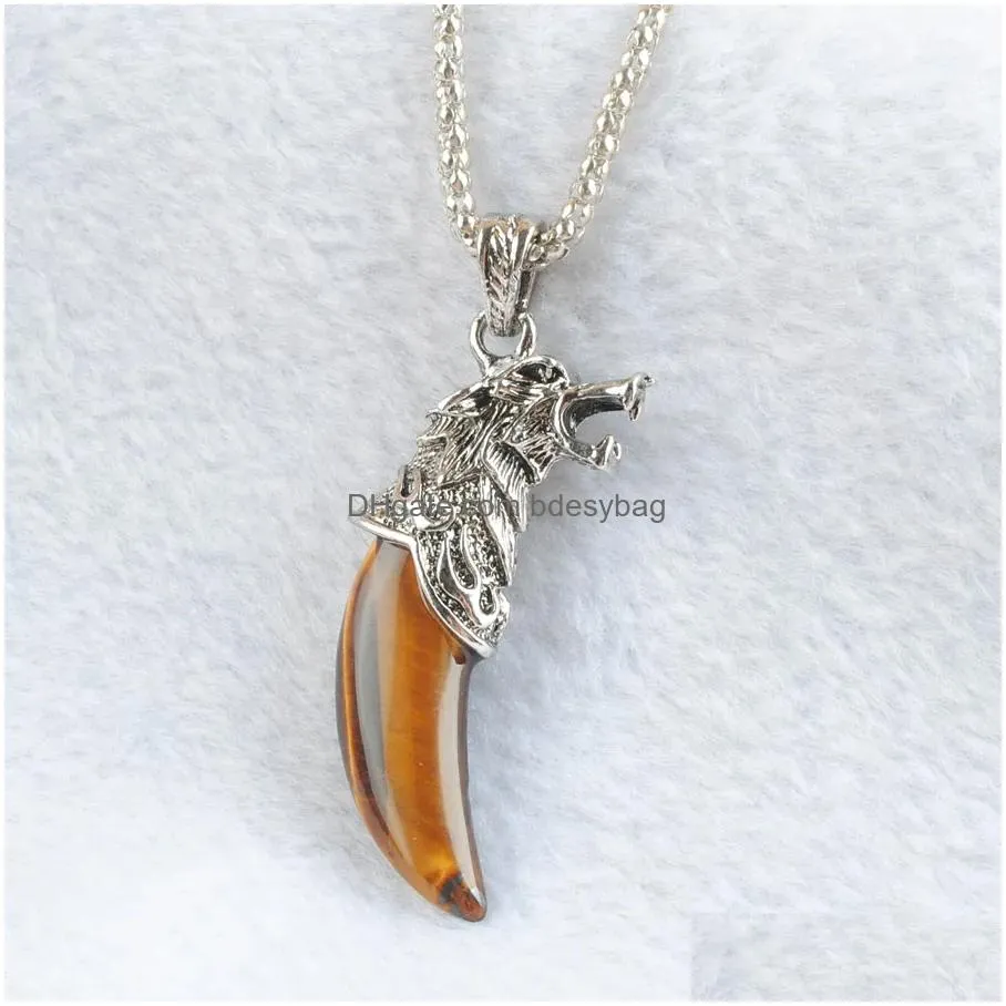 natural gemstones wolf tooth shape pendant copper amulet luck man pendant necklace jewelry chain 45cm bn518