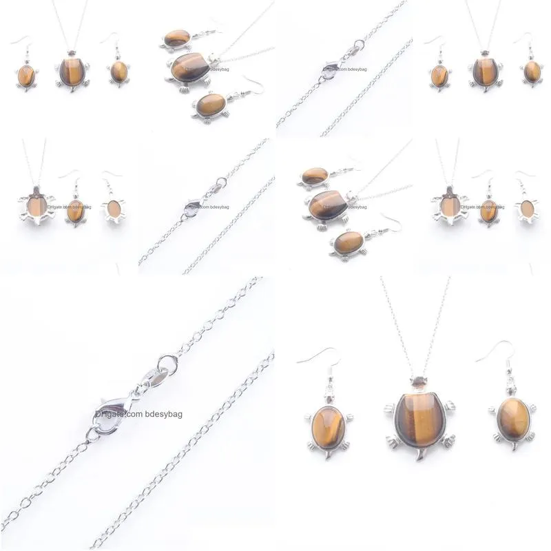 jewelry sets dangle earring for lady anniversary gift natural stone tigers eye tortoise pendant silver plated chain 45cm q3100