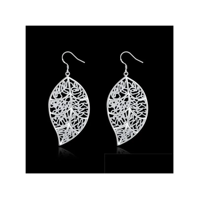 womens sterling silver plated hanging leaf charm earrings gsse128 fashion 925 silver plate earring jewelry gift
