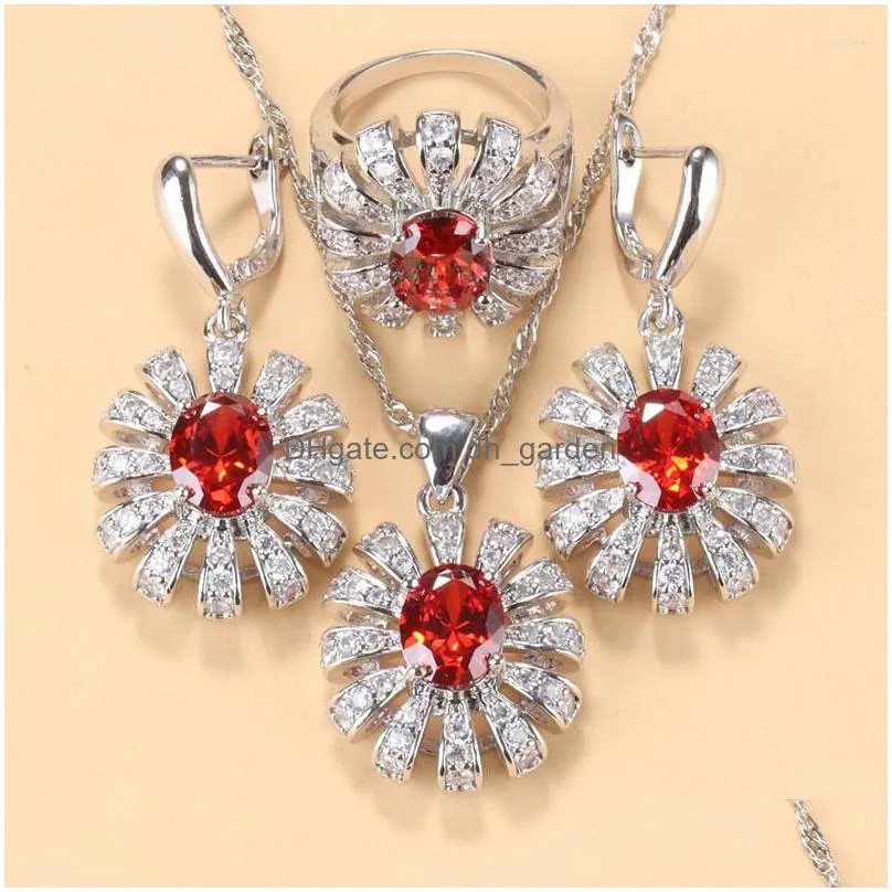 necklace earrings set sunflower big red garnet bridal wedding accessories ring bracelet bangle for women