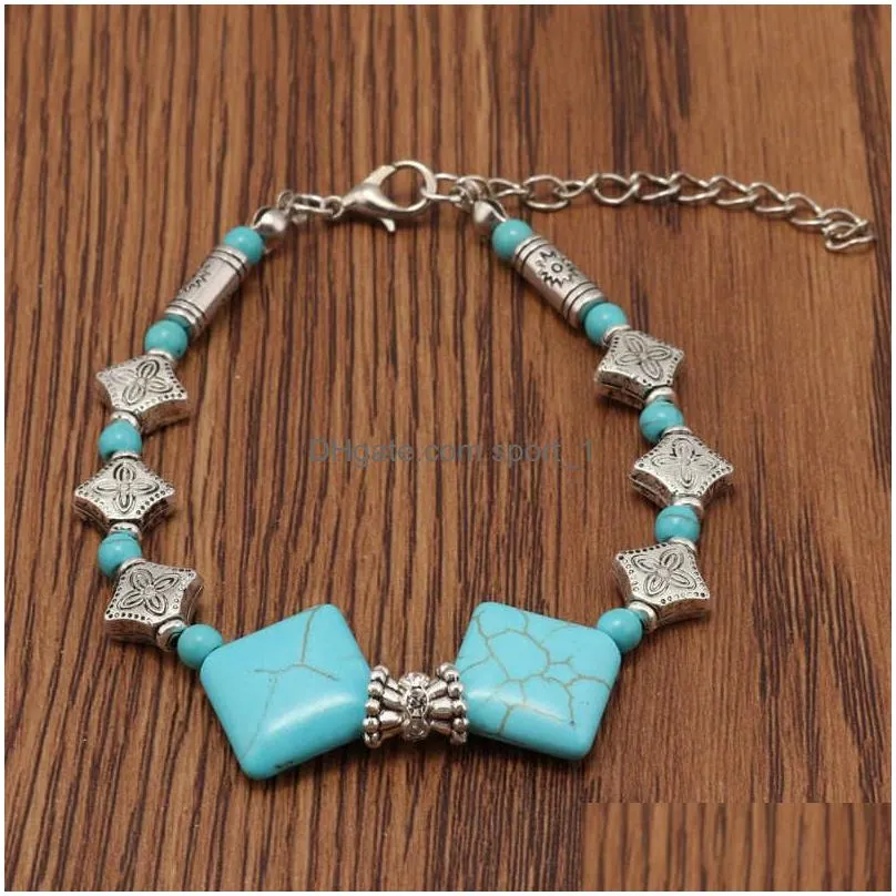 womens handmade geometry tibetan silver turquoise charm bracelets gstqb007 fashion gift national style women mens diy bracelet