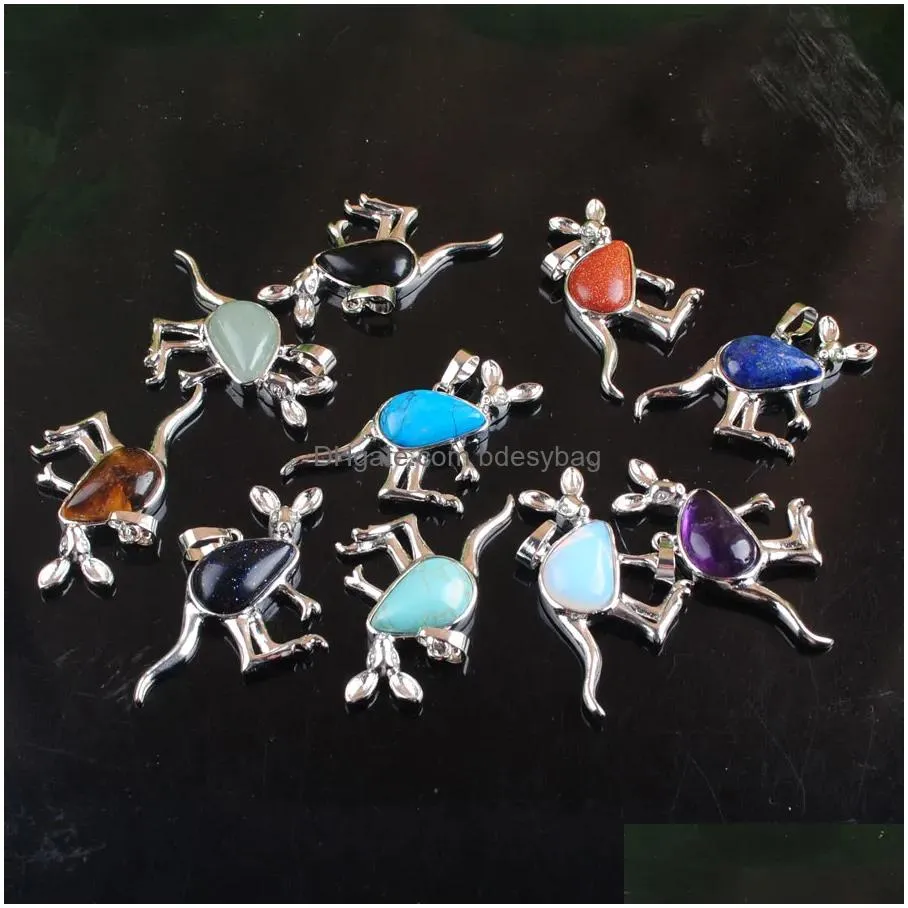 yowost new cute animal kangaroo pendant water drop natural stone pink quartz crystal blue sand opal fashion jewelry for women girls