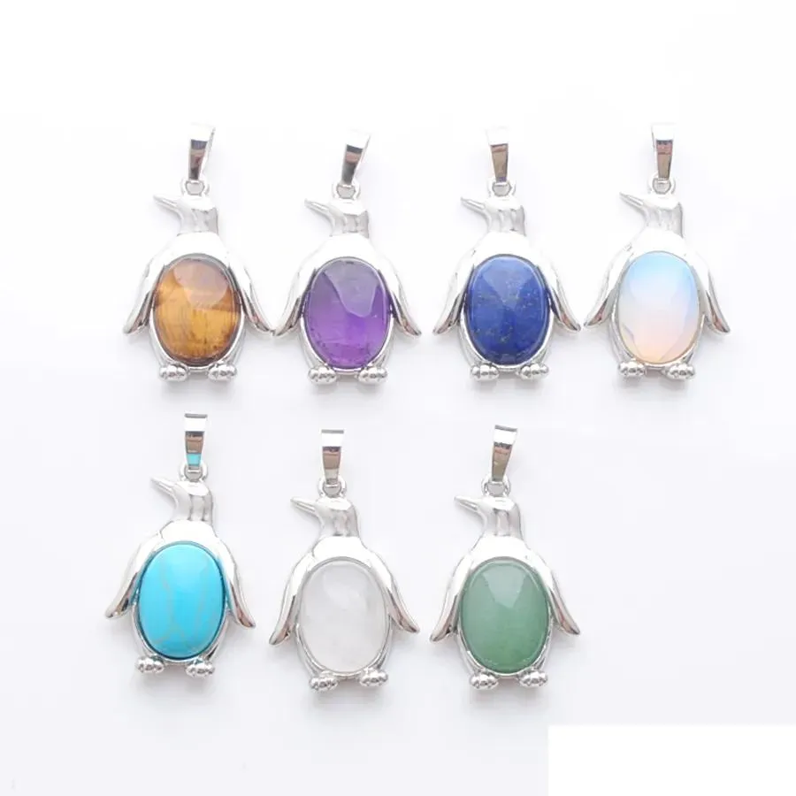 7 colors mixed cute penguin pendants animal shape lucky jewelry natural gem stone bead oval tigers eye opal lapis bn390