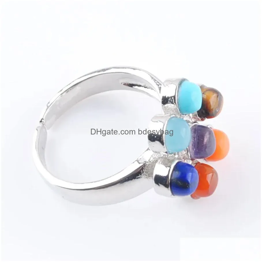 7 chakra reiki adjustable ring energy healing point natural stone beads rainbow flower women finger rings jewelry x3008