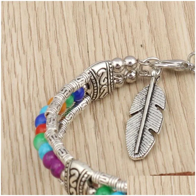 womens feather beaded tibetan silver turquoise charm bracelets gstqb006 fashion gift national style women mens diy bracelet