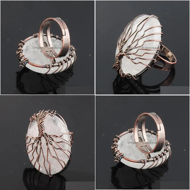 natural stone crystal bead antique rings for women finger jewelry wire wrapped tree of life adjustable ring x3060