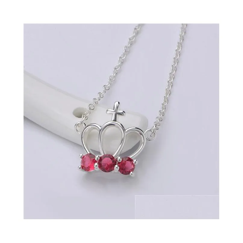 crown red womens sterling silver plate necklace fashion 925 silver pendant necklace with chains gn614