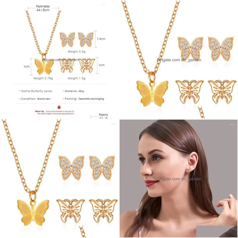 necklace earrings set hollow golden butterfly bling clear starry crystal alloy stud earring pendant for women