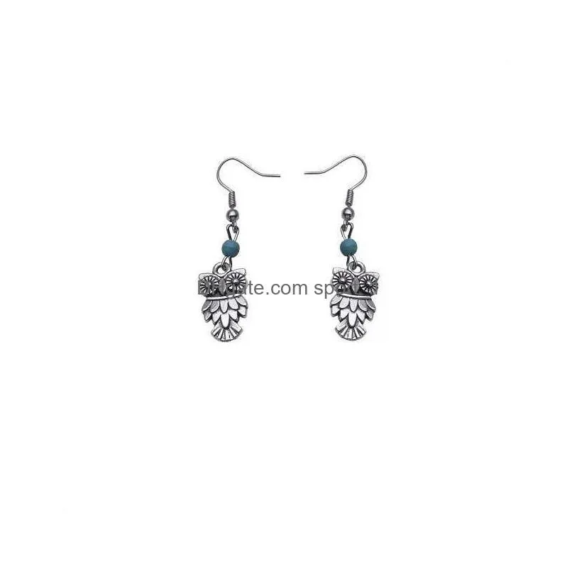 womens owl pendant tibetan silver turquoise dangle chandelier earrings gstqe020 fashion gift national style women diy earring