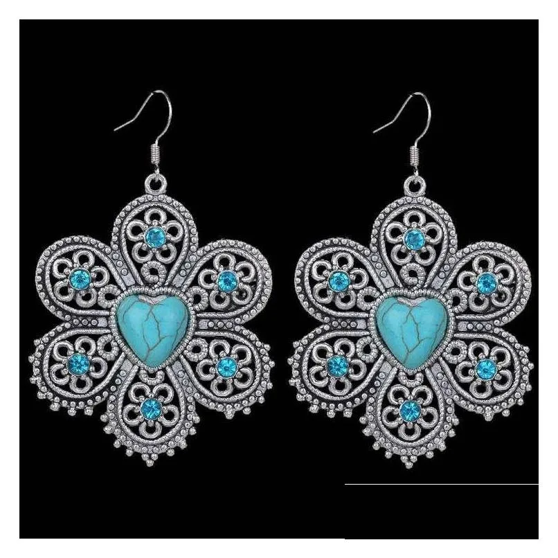 womens hollow sunflower tibetan silver turquoise charm earrings gstqe089 fashion gift national style women diy earring