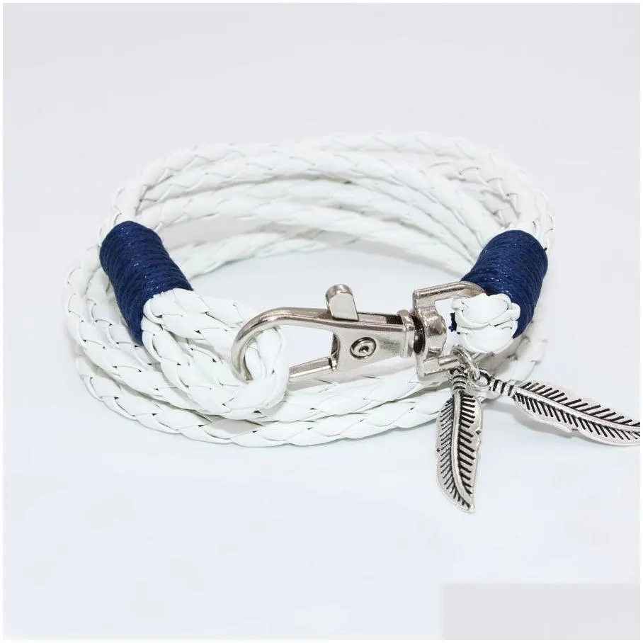 new lobster clasp feather pendant bracelet with multilayer woven leather rope gsfb120 mix order 20 pieces a lot charm bracelets