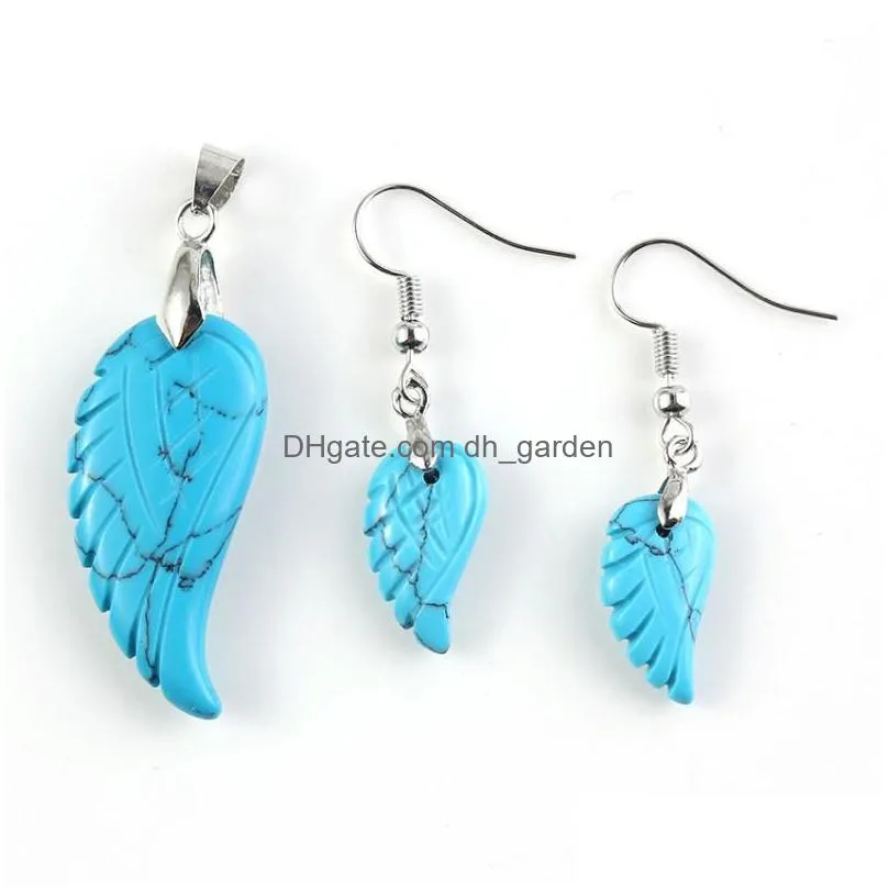 necklace earrings set fysl silver plated angel wing lapis lazuli pendant drop fluorite stone classic style jewelry