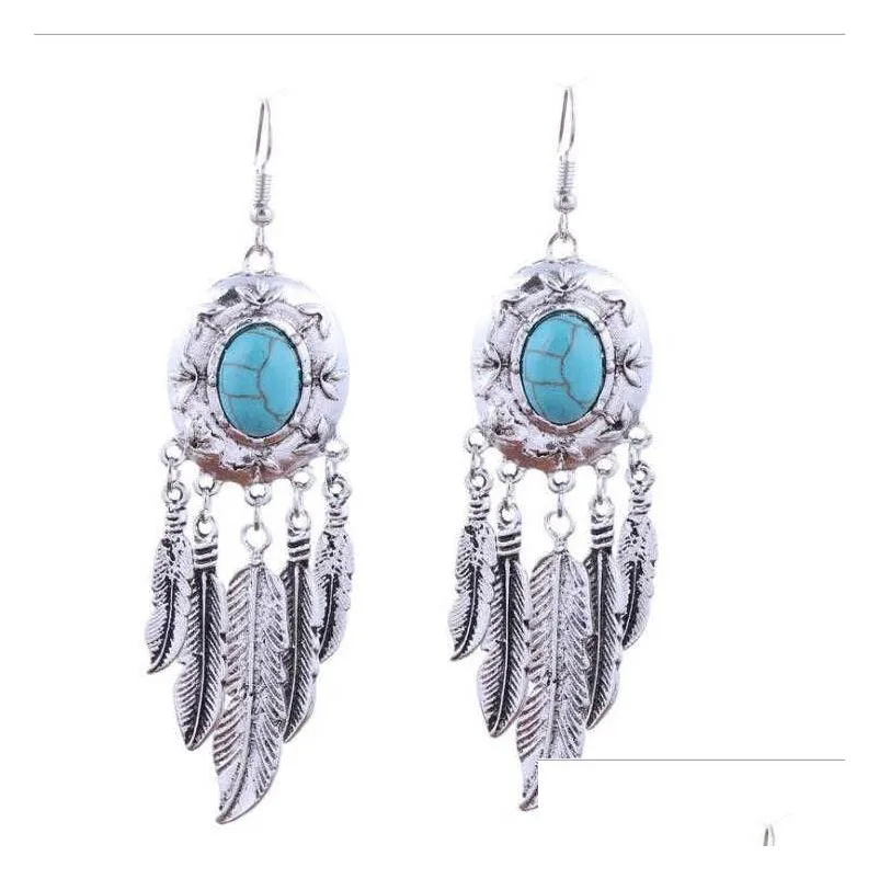 womens feather tassel tibetan silver turquoise charm earrings gstqe038 fashion gift national style women diy earring