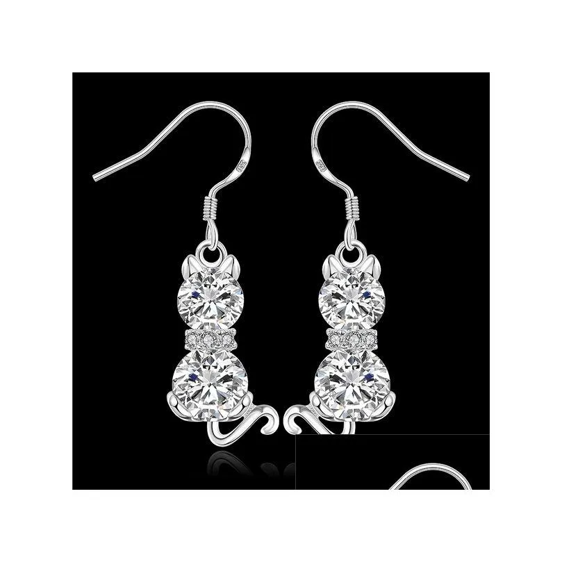 womens sterling silver plated double stone cat earrings dangle chandelier gsse335 fashion 925 silver plate earring gift