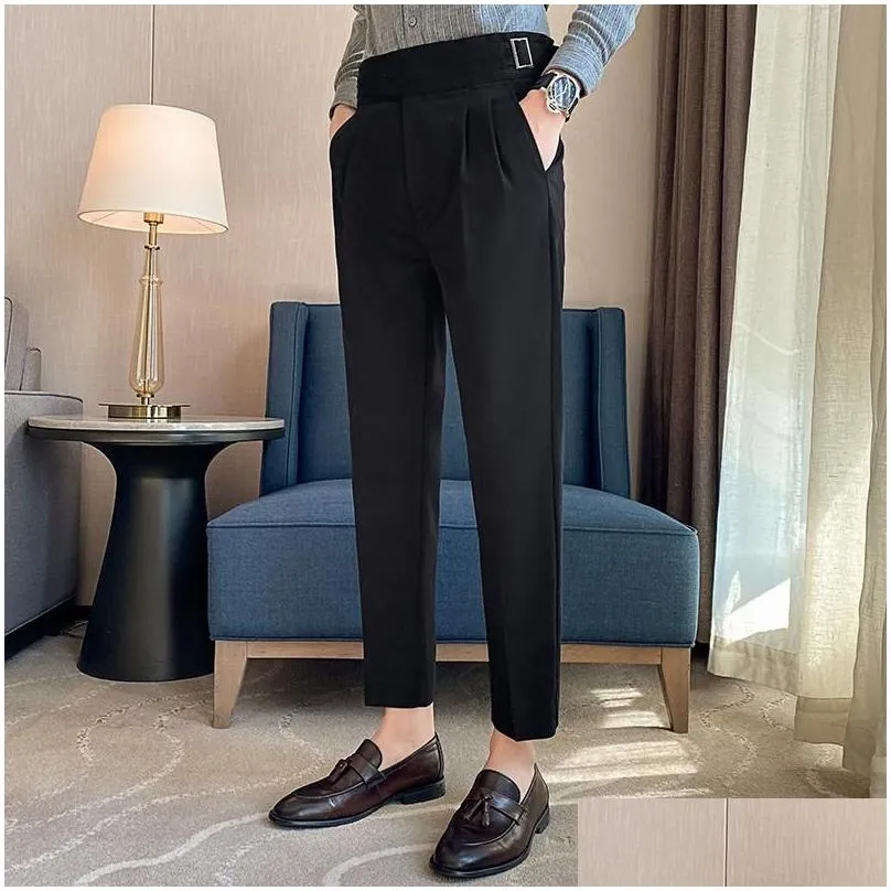 mens pants british style men high waist casual dress pant belt design slim trousers formal office social wedding party suit