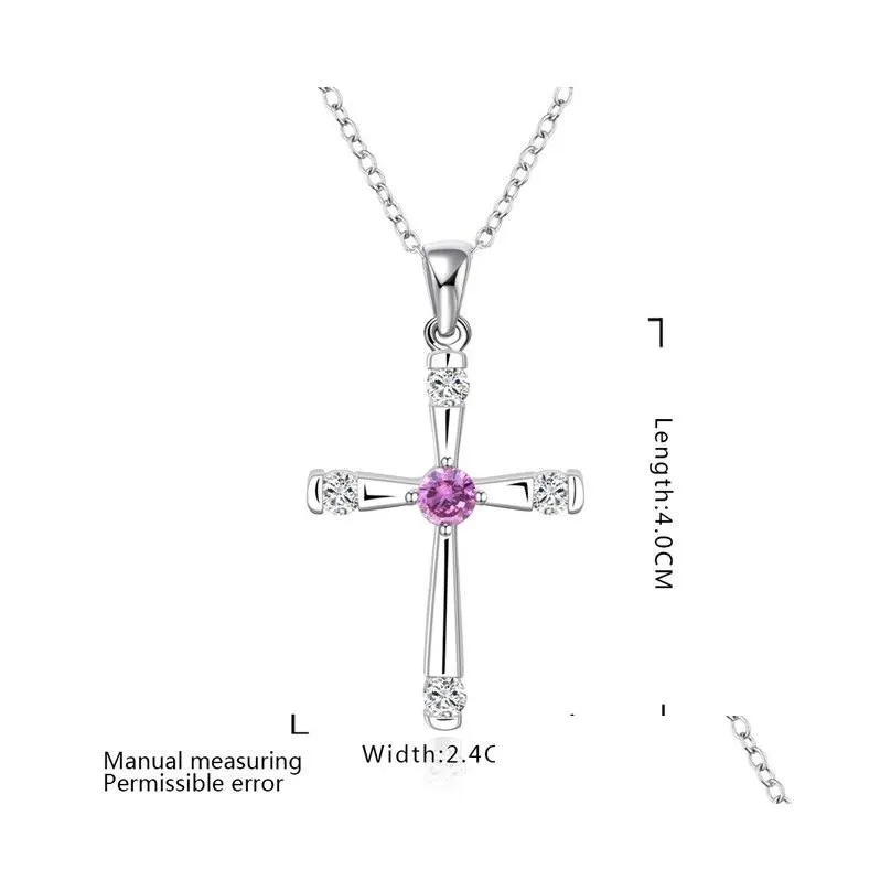 sterling silver plated cross purple zircon pendant necklaces gssn656 fashion lovely 925 silver plate jewelry necklace