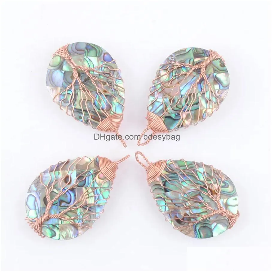  natural abalone shell teardrop pendants silvers rose gold ancient copper wire wrapped tree of life necklace making bn472