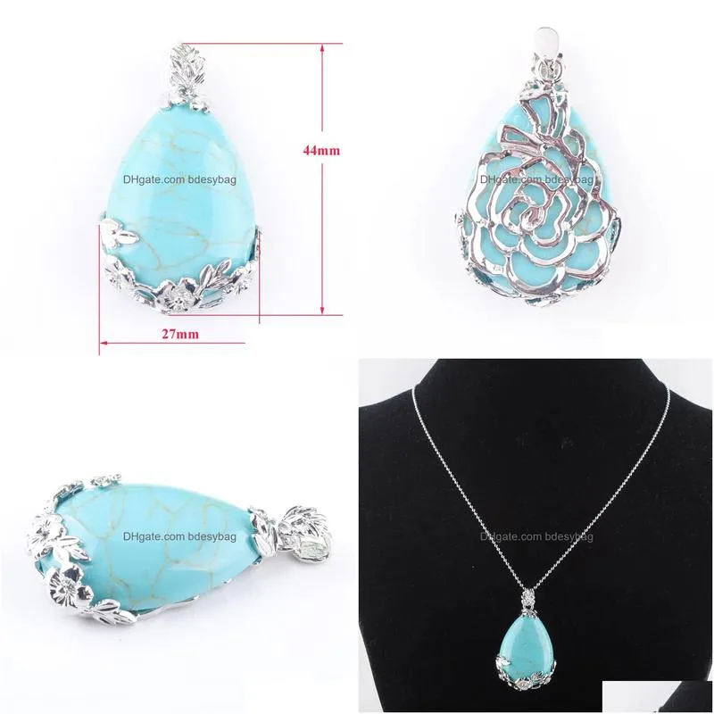 natural gem stone pendant teardrop turquoise love beads reiki chakra healing pendant necklace chain jewelry n3463