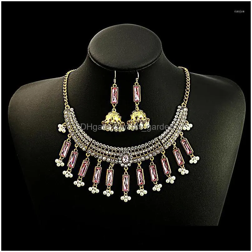 necklace earrings set vintage rhinestone bride for women luxury flower water drop banquet wedding jewelry wholesale