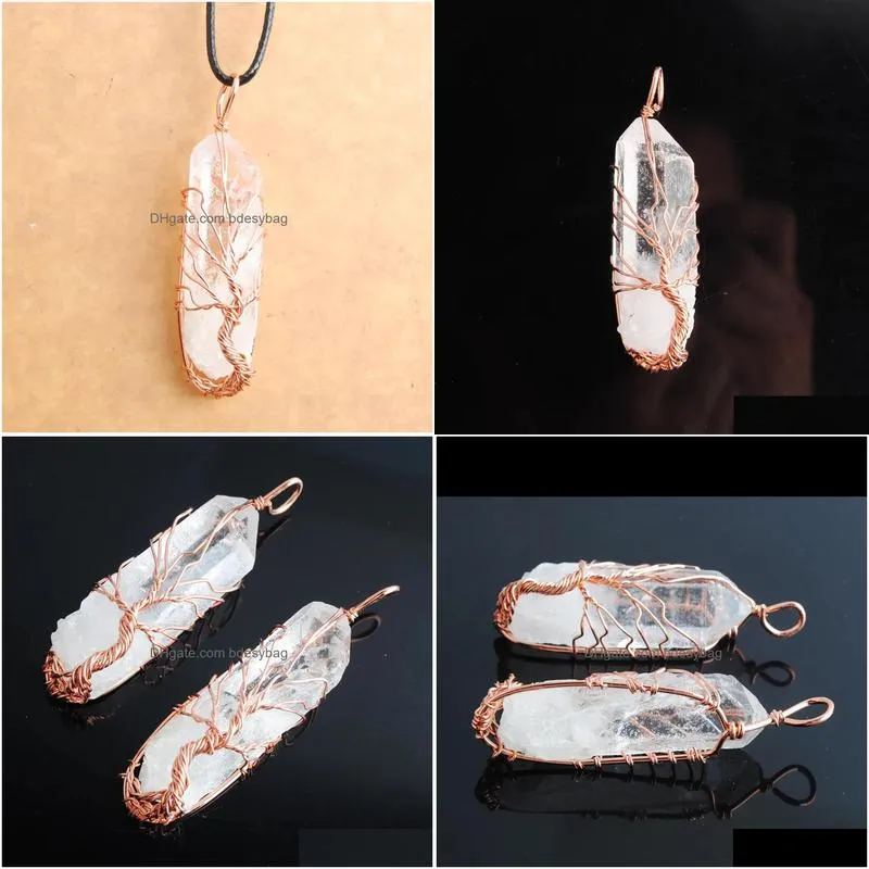 natural white crystal pillar pendants handmade white rose gold wire wrapped tree of life for necklace jewelry n3752
