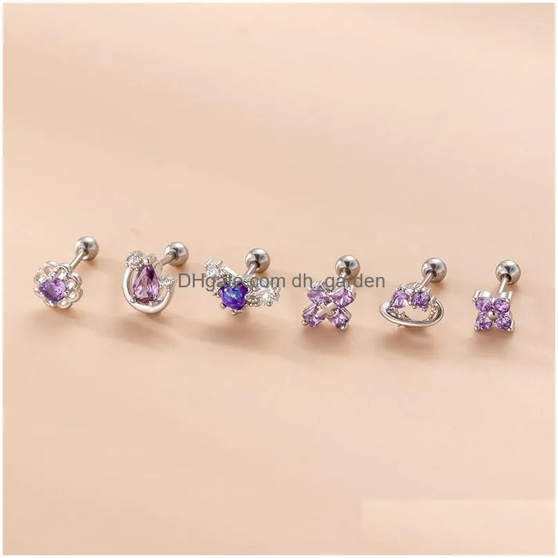 stud earrings 1piece purple zircon cross flower for women 2022 jewelry ear cuff double screw stainless steel piercing