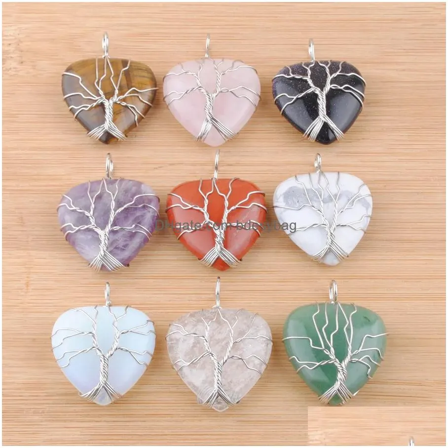 natural stone pendants wire wrap handmade tree of life heart shape beads amethyst opal bn446