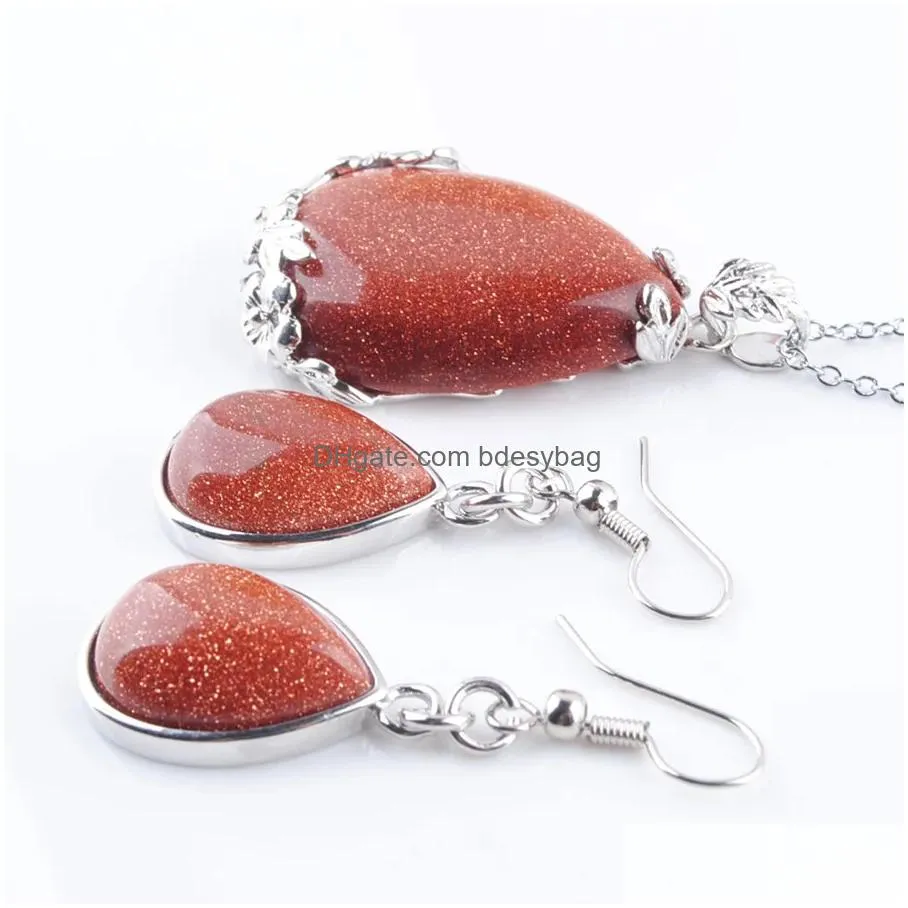 women jewelry sets valentines day gift natural gem stone golden sand teardrop chain necklace earring set chakra healing q3070