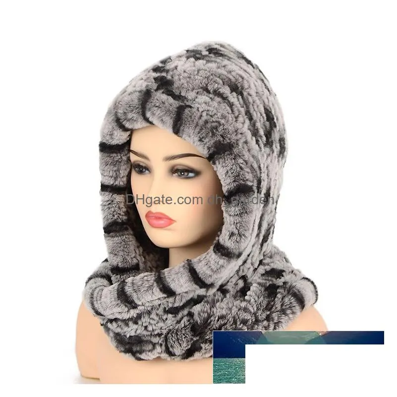 women knitted real rex fur hat hooded scarf winter hats for woman cap warm natural fur hat with neck scarves factory price expert design quality latest style