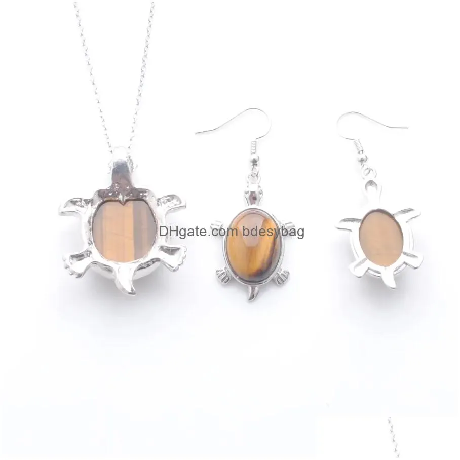 jewelry sets dangle earring for lady anniversary gift natural stone tigers eye tortoise pendant silver plated chain 45cm q3100