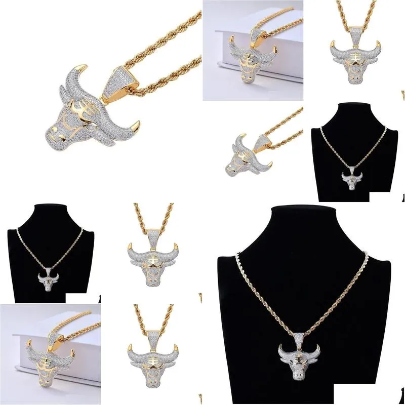 pendant necklaces hip hop out zircon animal bull head necklace for men creative punk rock party jewelry giftpendant necklacespendant