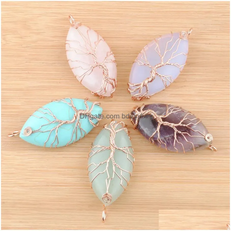 natural stone tree of life pendants rose gold wire wrap marquise shape jewelry turquoises purple crystal bn447