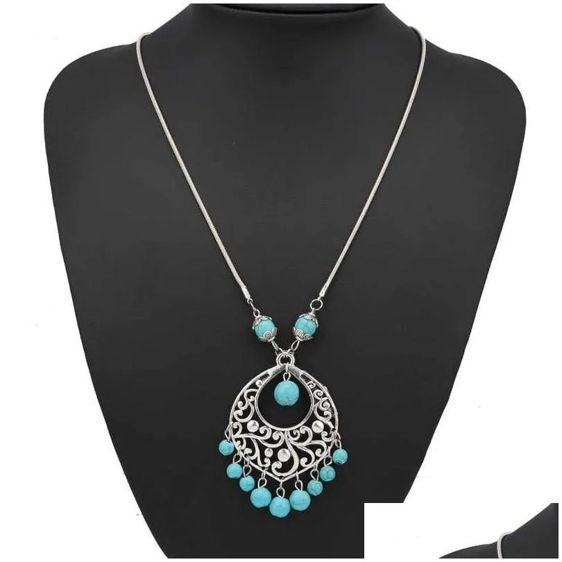 womens carved tassel hollow tibetan silver turquoise pendant necklaces gstqn014 fashion gift national style women diy necklace