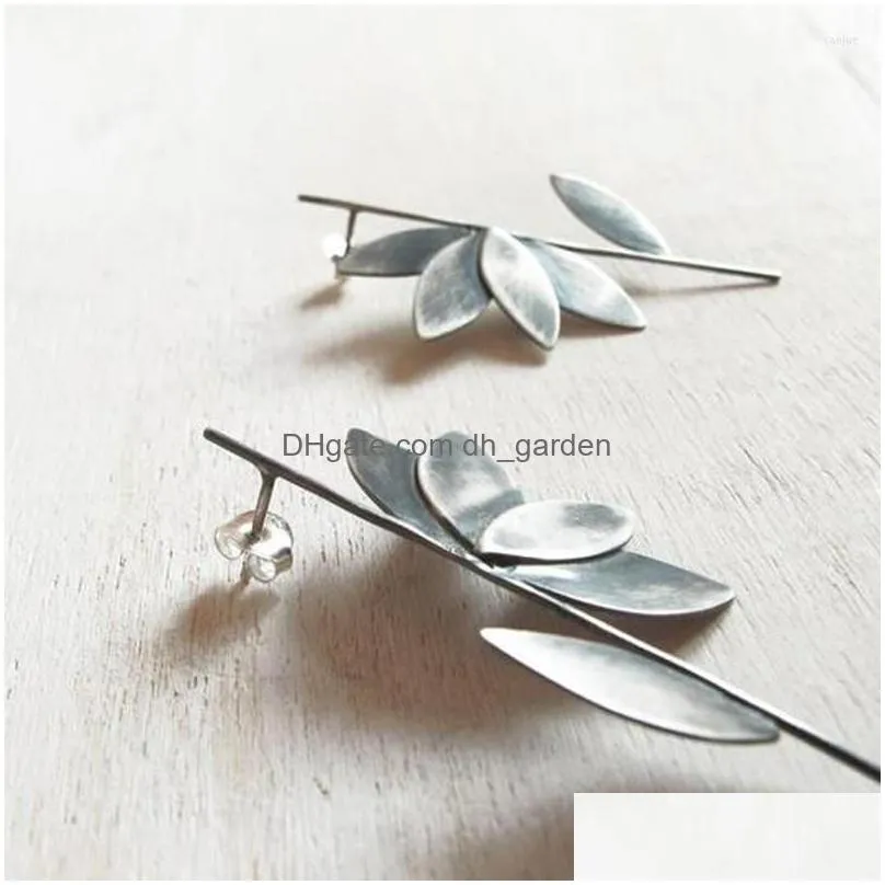 stud earrings ethnic silver color metal plant branch leaf punk vintage long personality womens gifts drop