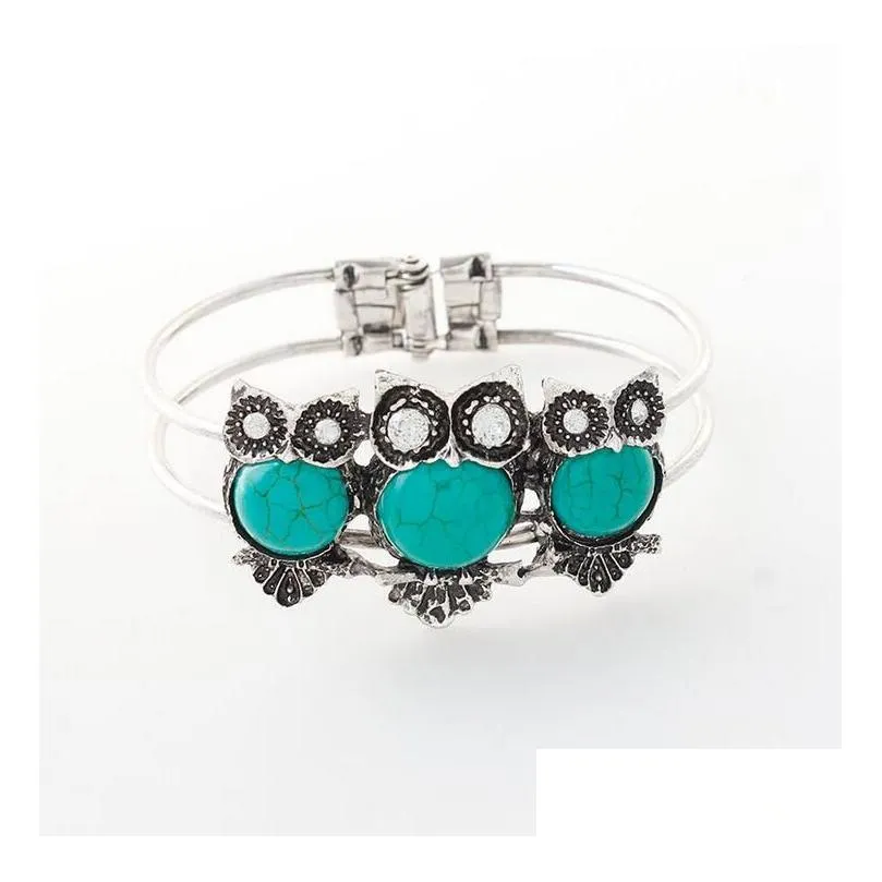 bohemian retro style turquoise imitation thai silver owl bracelet wholesale fb269 mix order 20 pieces a lot charm bracelets