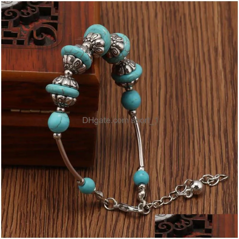 womens twotone retro tibetan silver turquoise link chain bracelets gstqb011 fashion gift national style women mens diy bracelet