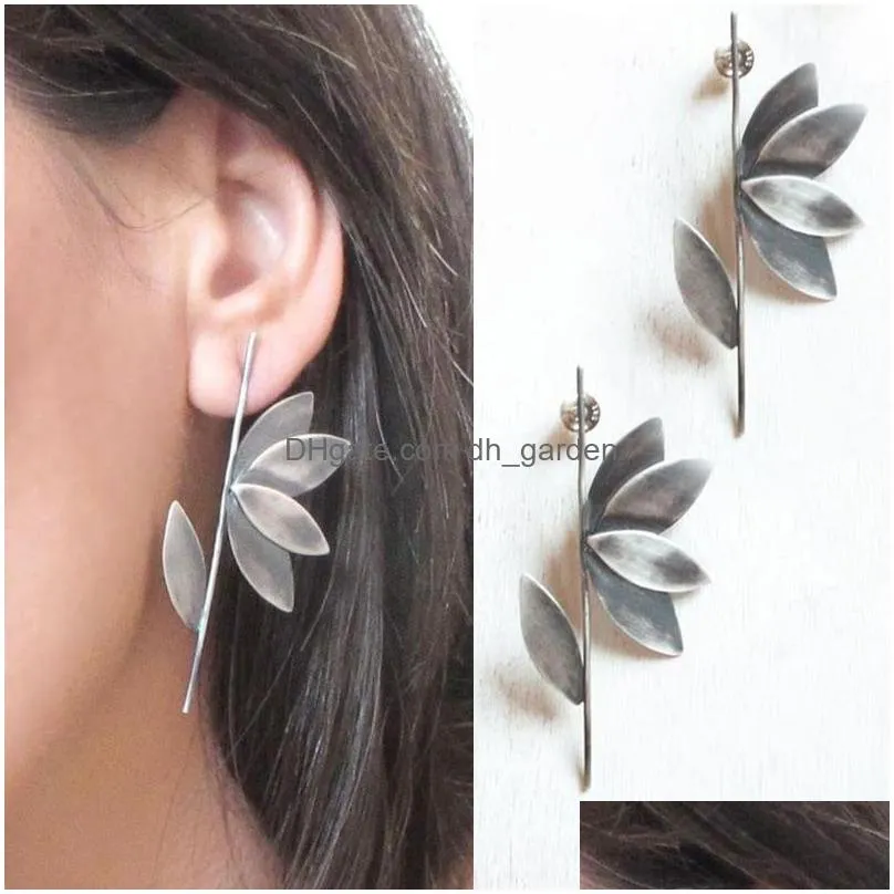 stud earrings ethnic silver color metal plant branch leaf punk vintage long personality womens gifts drop