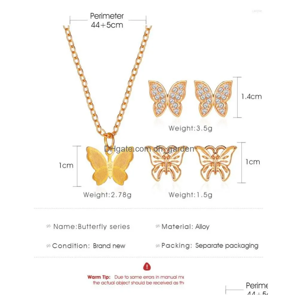 necklace earrings set hollow golden butterfly bling clear starry crystal alloy stud earring pendant for women