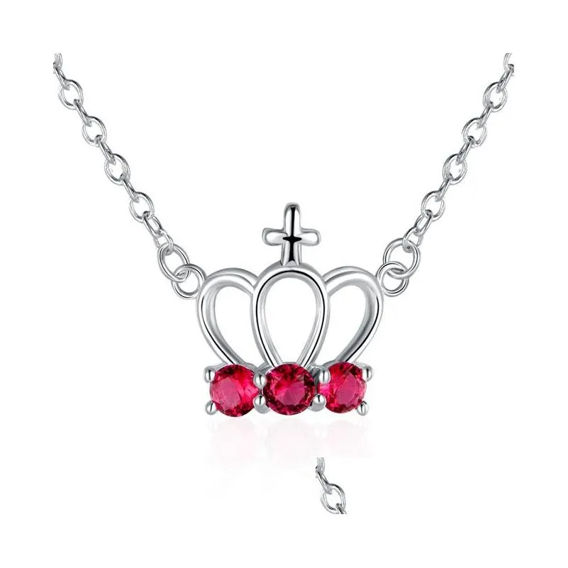 crown red womens sterling silver plate necklace fashion 925 silver pendant necklace with chains gn614