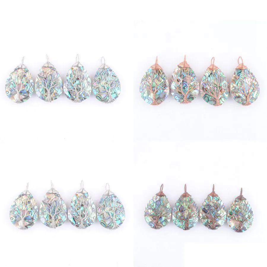  natural abalone shell teardrop pendants silvers rose gold ancient copper wire wrapped tree of life necklace making bn472