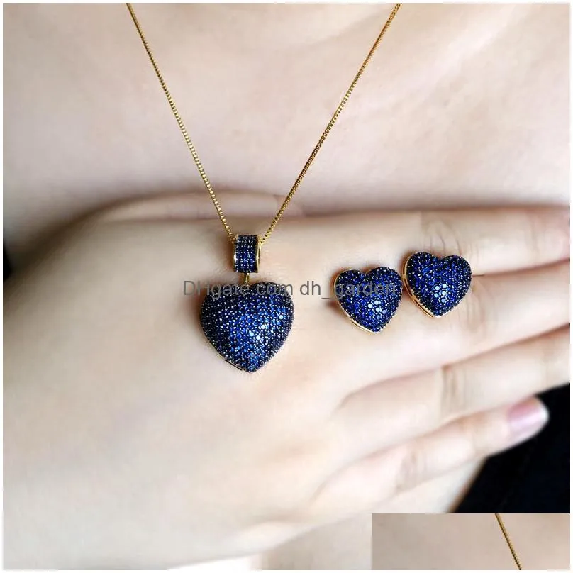 necklace earrings set heart shape paved micro multicolor zirconia stud pendant necklaces fashion for women charm party jewelry