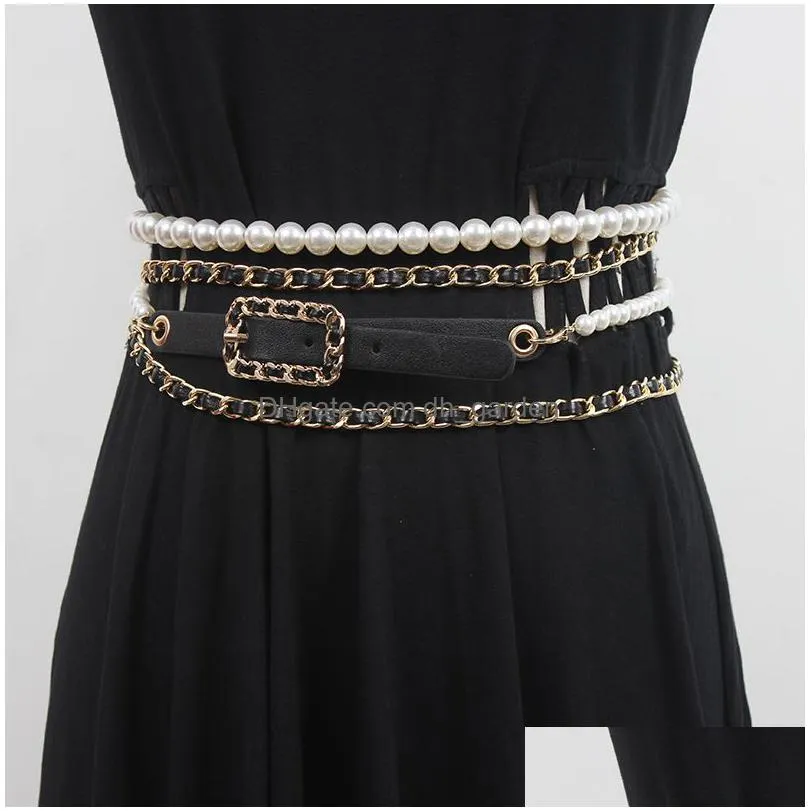 womens runway fashion pu leather chain pearl cummerbunds female dress coat corsets waistband belts decoration belt r3554 factory price expert design