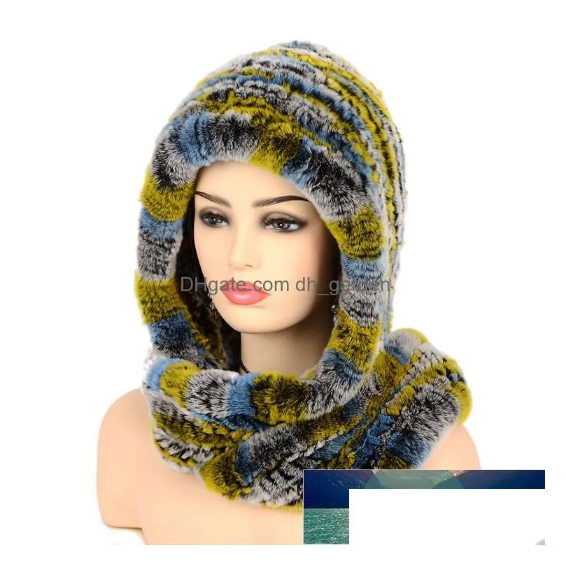 women knitted real rex fur hat hooded scarf winter hats for woman cap warm natural fur hat with neck scarves factory price expert design quality latest style