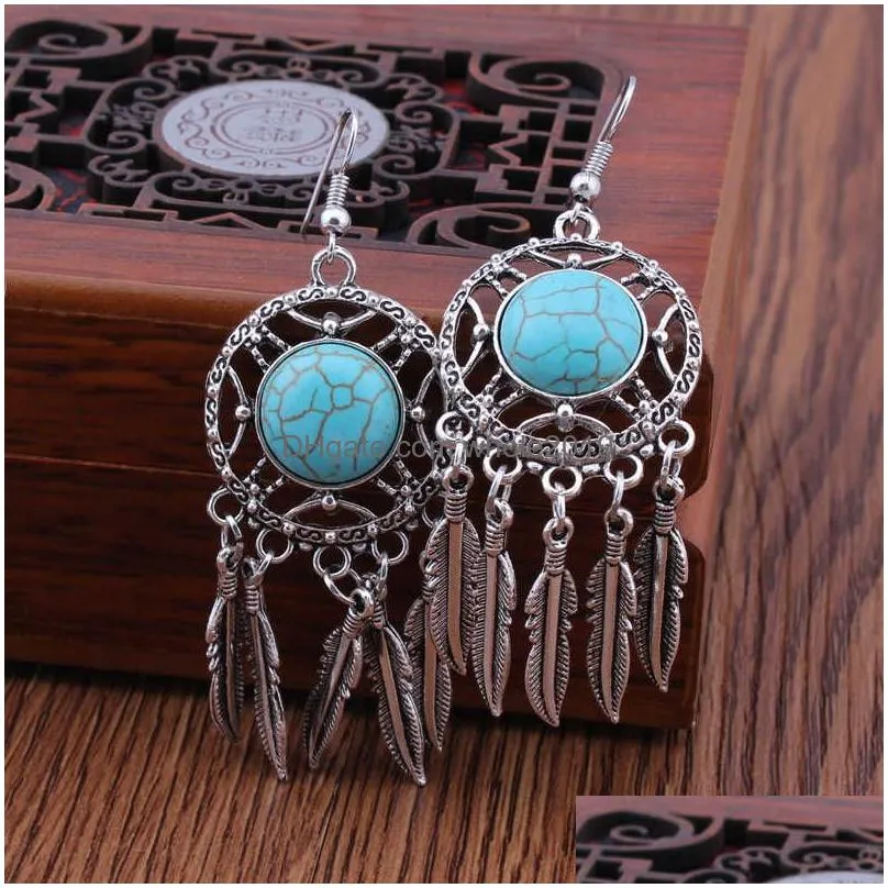 womens hollow leaf tibetan silver turquoise dangle chandelier earrings gstqe010 fashion gift national style women diy earring