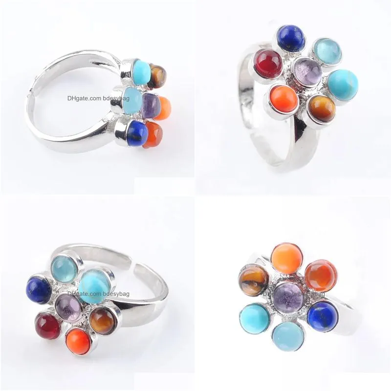 7 chakra reiki adjustable ring energy healing point natural stone beads rainbow flower women finger rings jewelry x3008